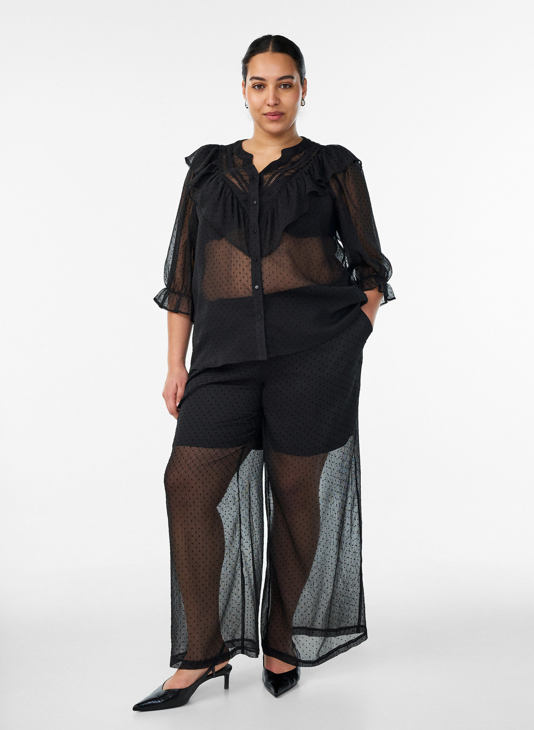 Losse chiffonbroek met stippen, Zwart, Model