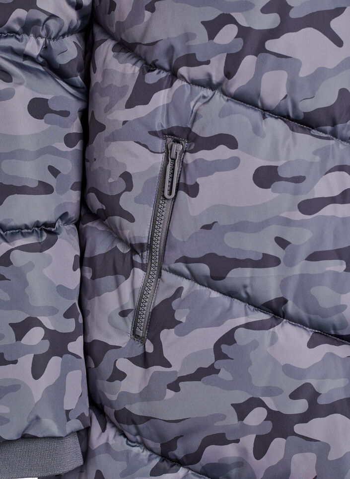 Lange gewatteerde jas met camouflageprint, Grijs, Packshot image number 3