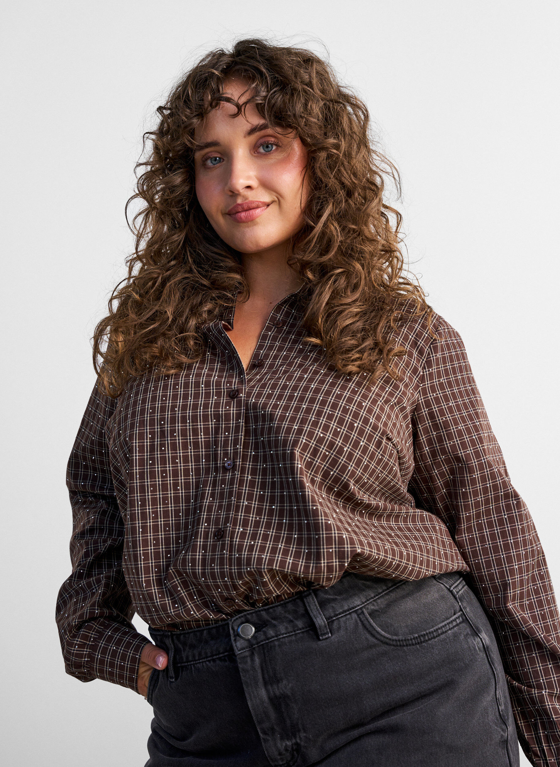 ZizziGeruit overhemd met strasssteentjes, Bruin, Model image number 3
