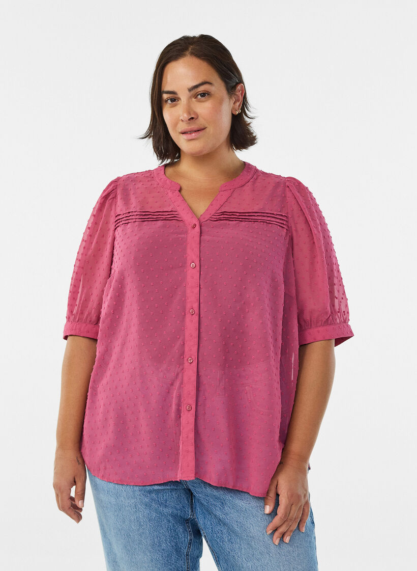 Blouse met korte mouwen en een gestippelde textuur, Roze, Model image number 0