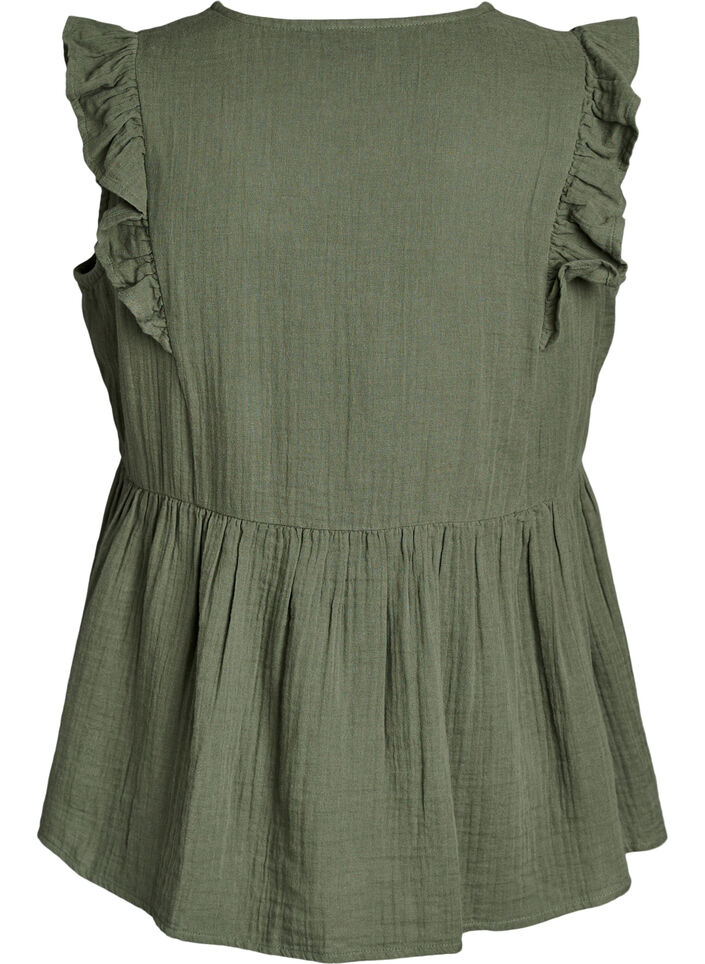 Mouwloze blouse van katoen mousseline met ruches, Groen, Packshot image number 1