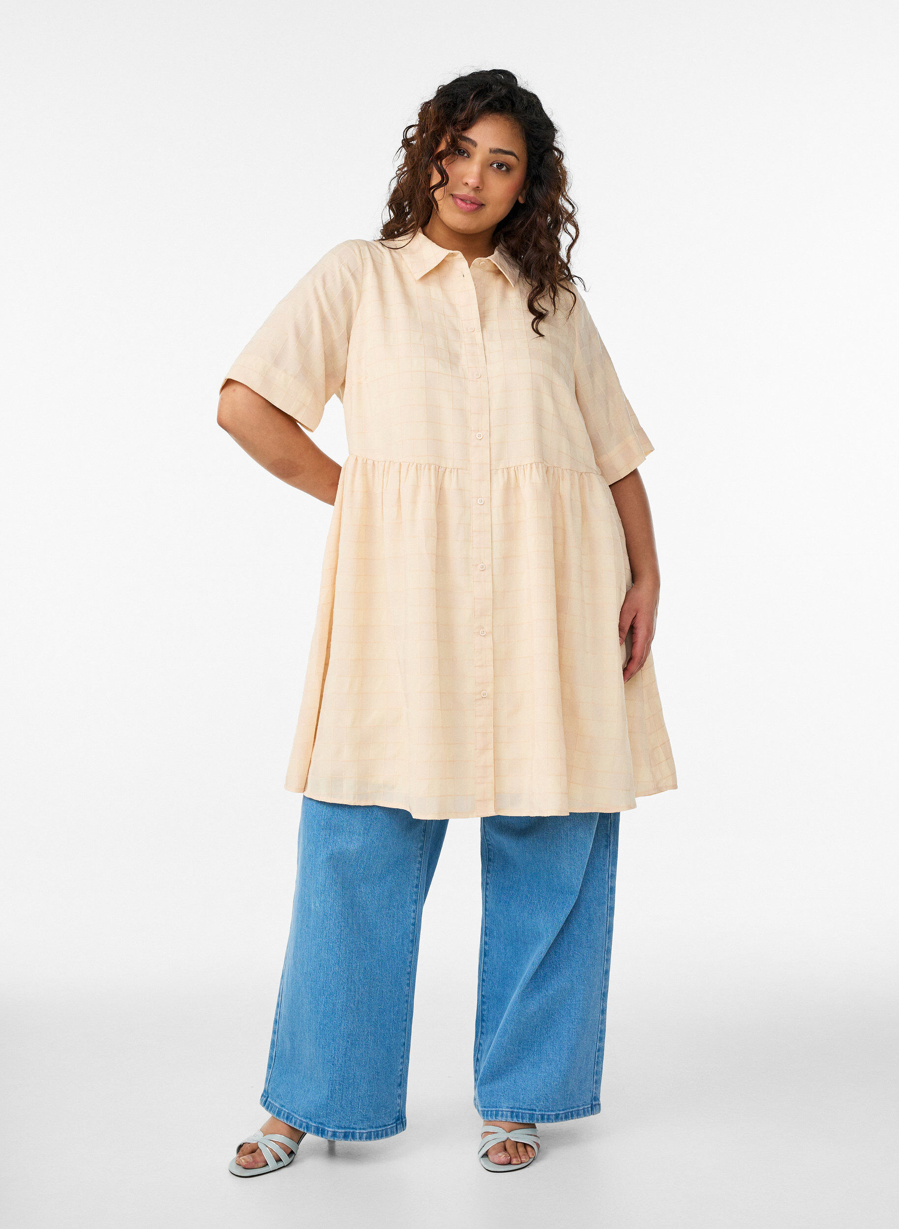 ZizziKorte overhemdjurk met een geruite textuur en 1/2 mouwen, Geel, Model image number 1