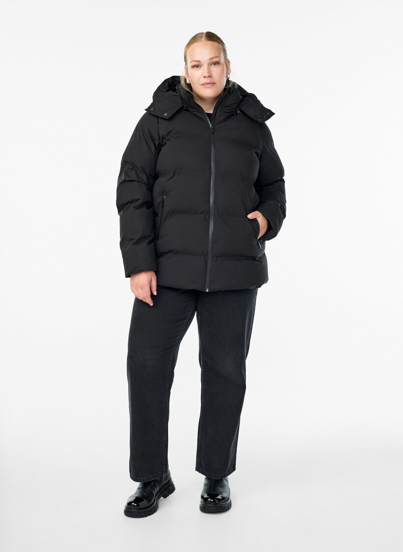 Korte gewatteerde jas met afneembare capuchon, Zwart, Model image number 1