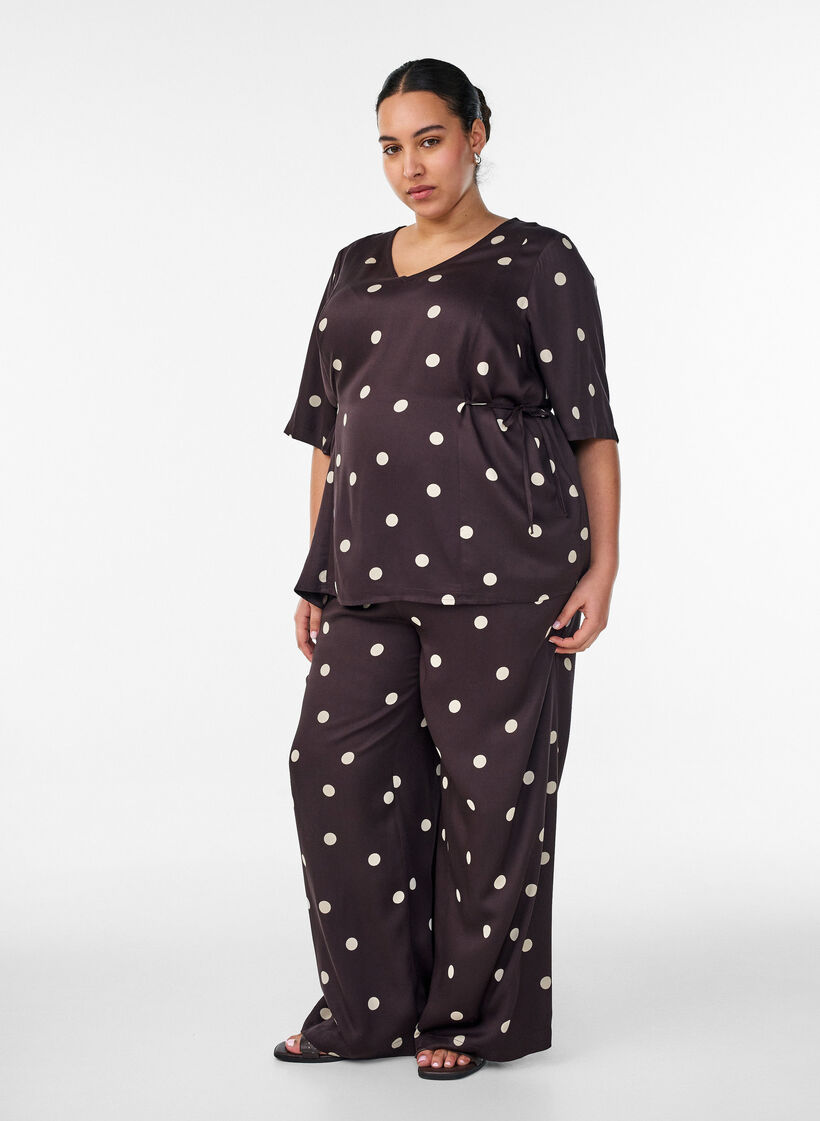 Viscose broek met stippen en wijde pijpen, Bruin, Model image number 1