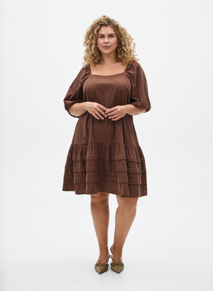 Korte corduroy jurk met vierkante halslijn, Bruin, Model image number 1