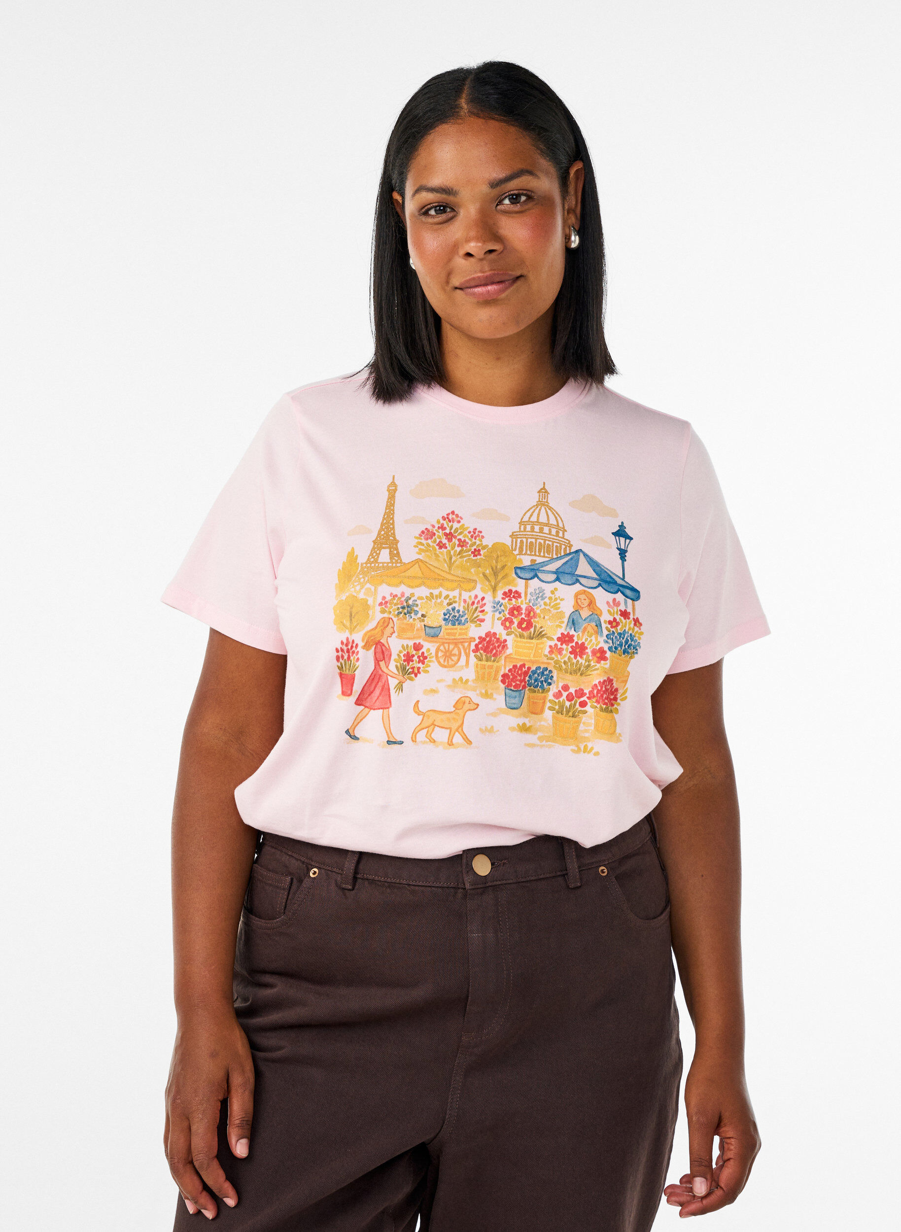 Organisch katoenen T-shirt met print aan de voorkant, Roze, Model