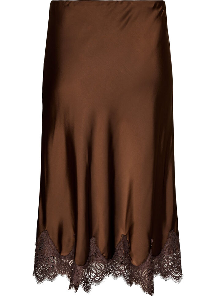 Midi satijnen rok met kanten afwerking, Bruin, Packshot image number 1