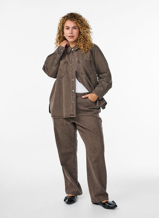ZizziGekleurde denim shirt met zakken op de borst, Brown Denim, Model image number 2