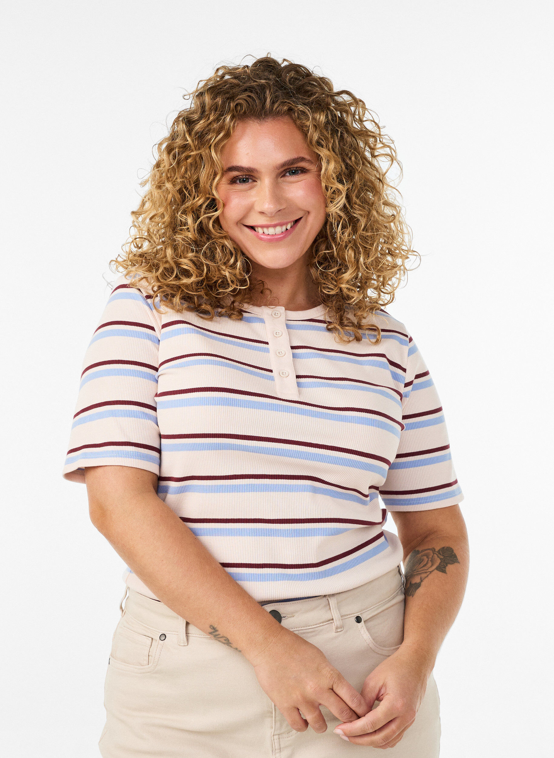 T-shirt met strepen en geribde knoopdetails, Paars, Model