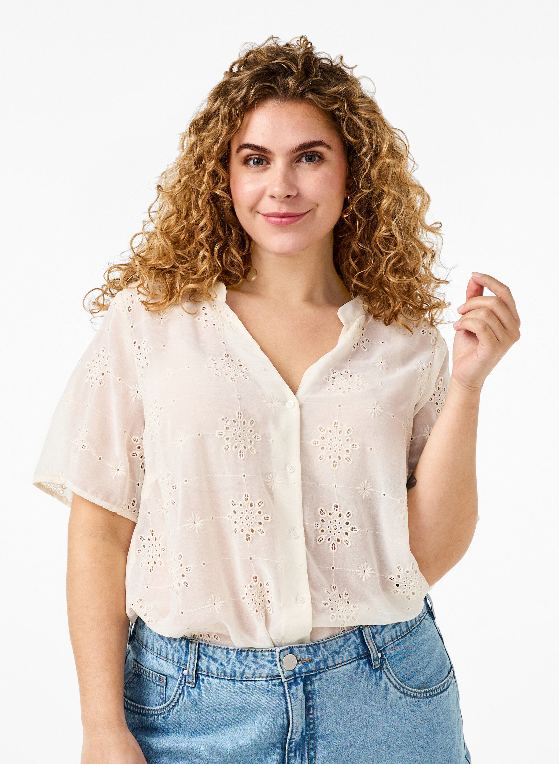 Overhemdblouse met korte mouwen en broderie anglaise, Antique White, Model