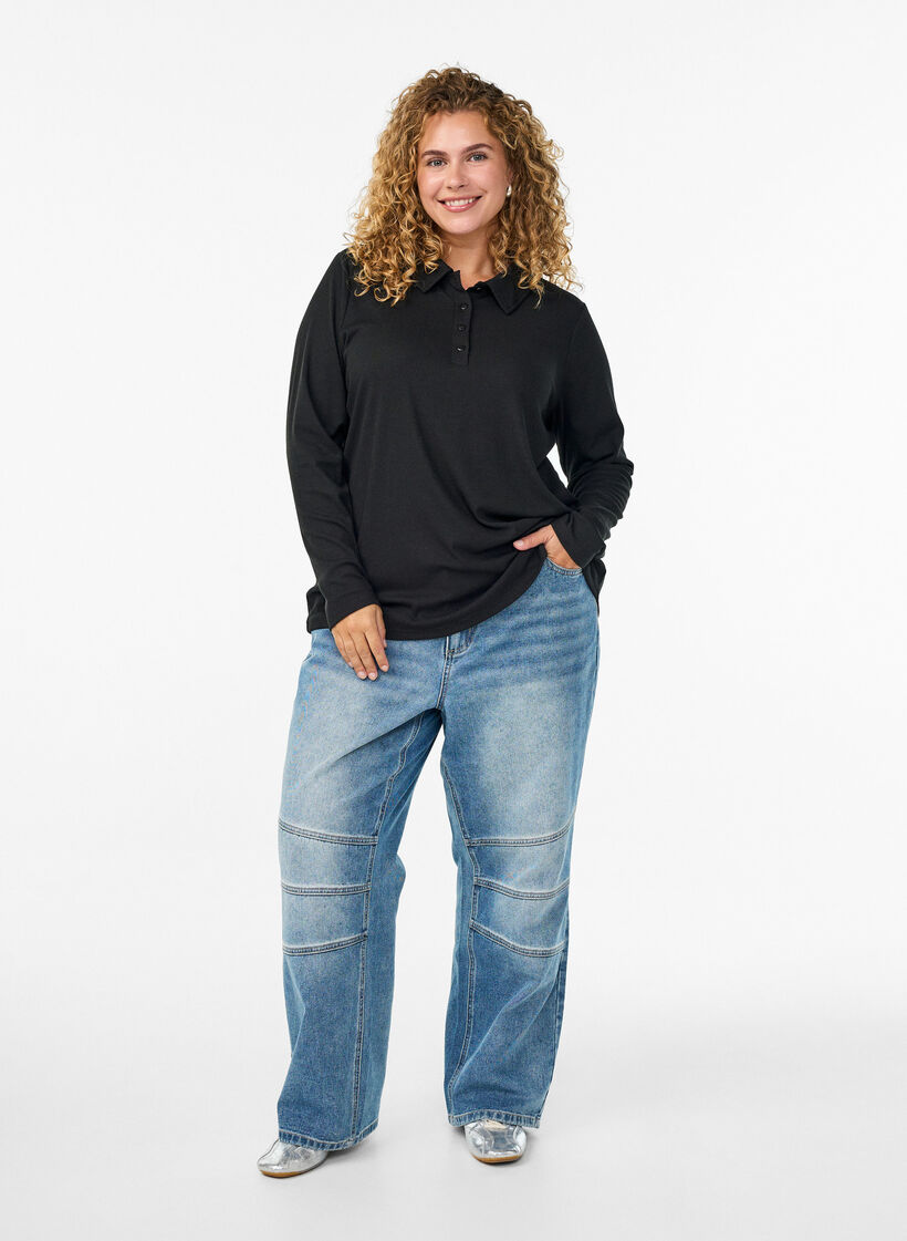 Lange mouwen polo in stretchende geribde kwaliteit, Zwart, Model image number 1