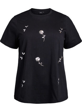 ZizziT-shirt met paillettenbloemen, Zwart, Packshot image number 0