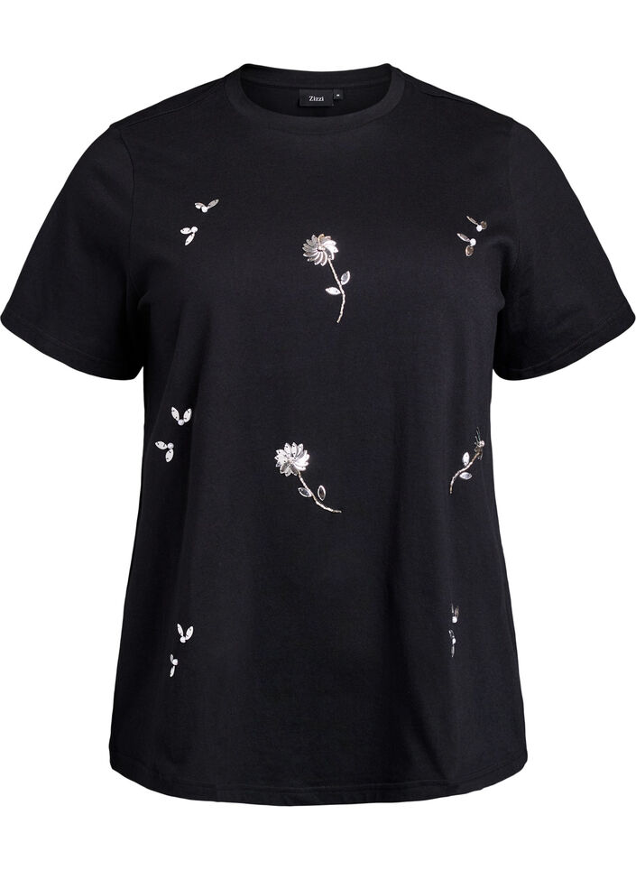 T-shirt met paillettenbloemen, Zwart, Packshot image number 0