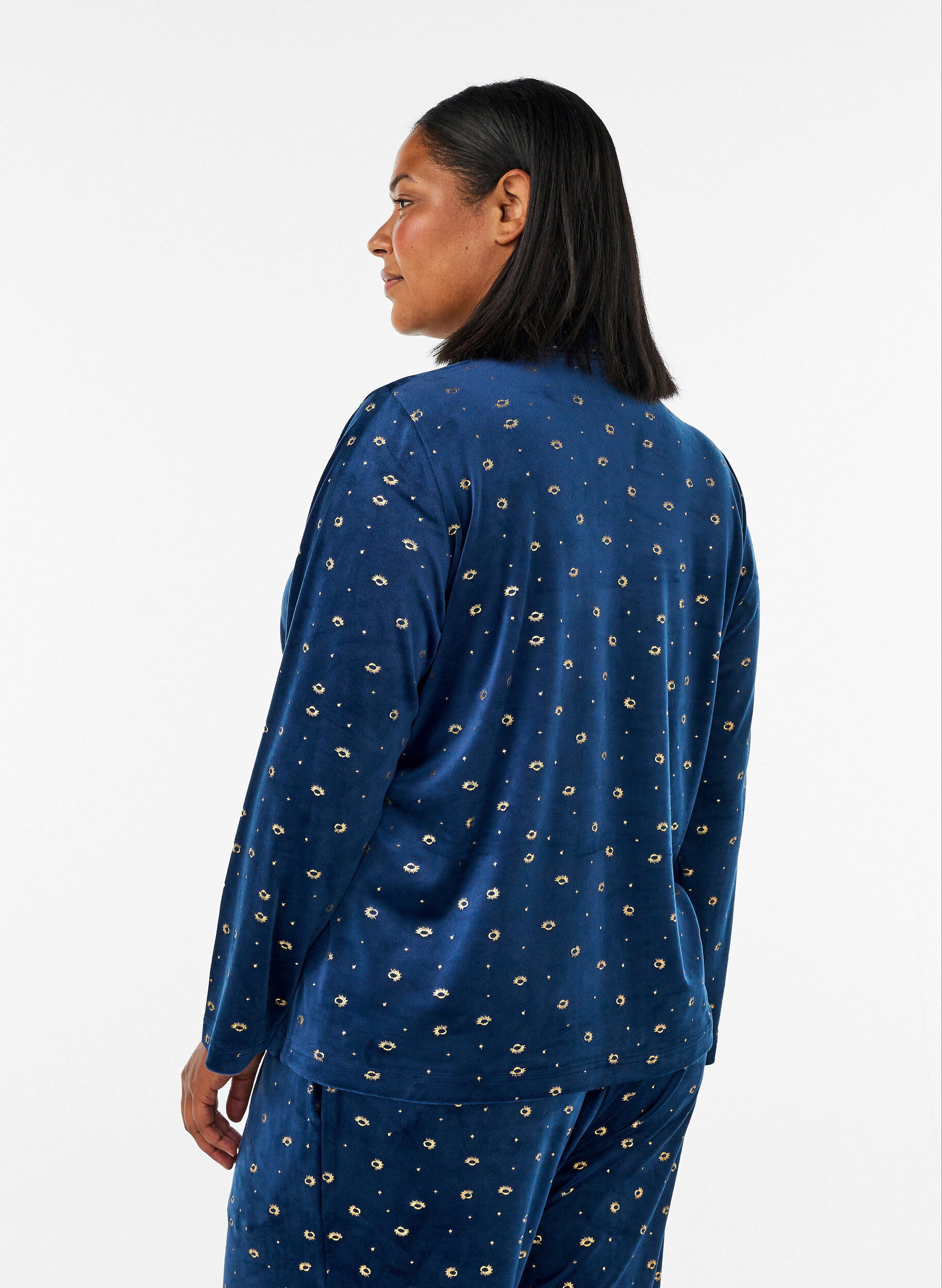 ZizziVelour pyjamashirt met een all-over print, Blauw, Model image number 2