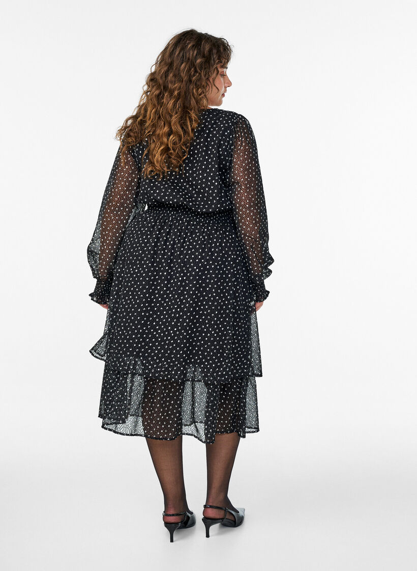 Midi jurk van chiffon met stippenpatroon, Zwart, Model image number 1