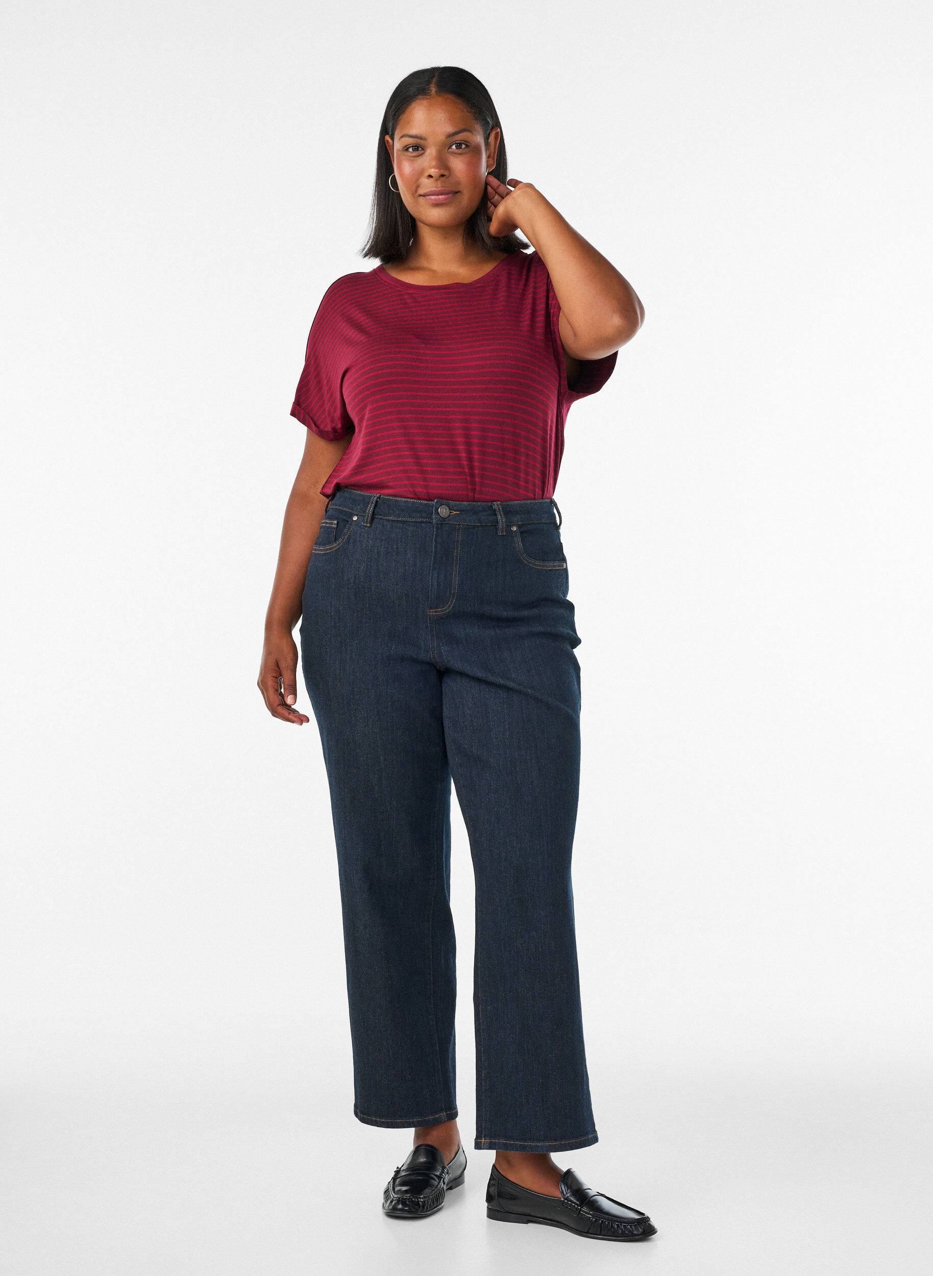 ZizziGestreept T-shirt in viscose met een ronde hals, Rood, Model image number 1