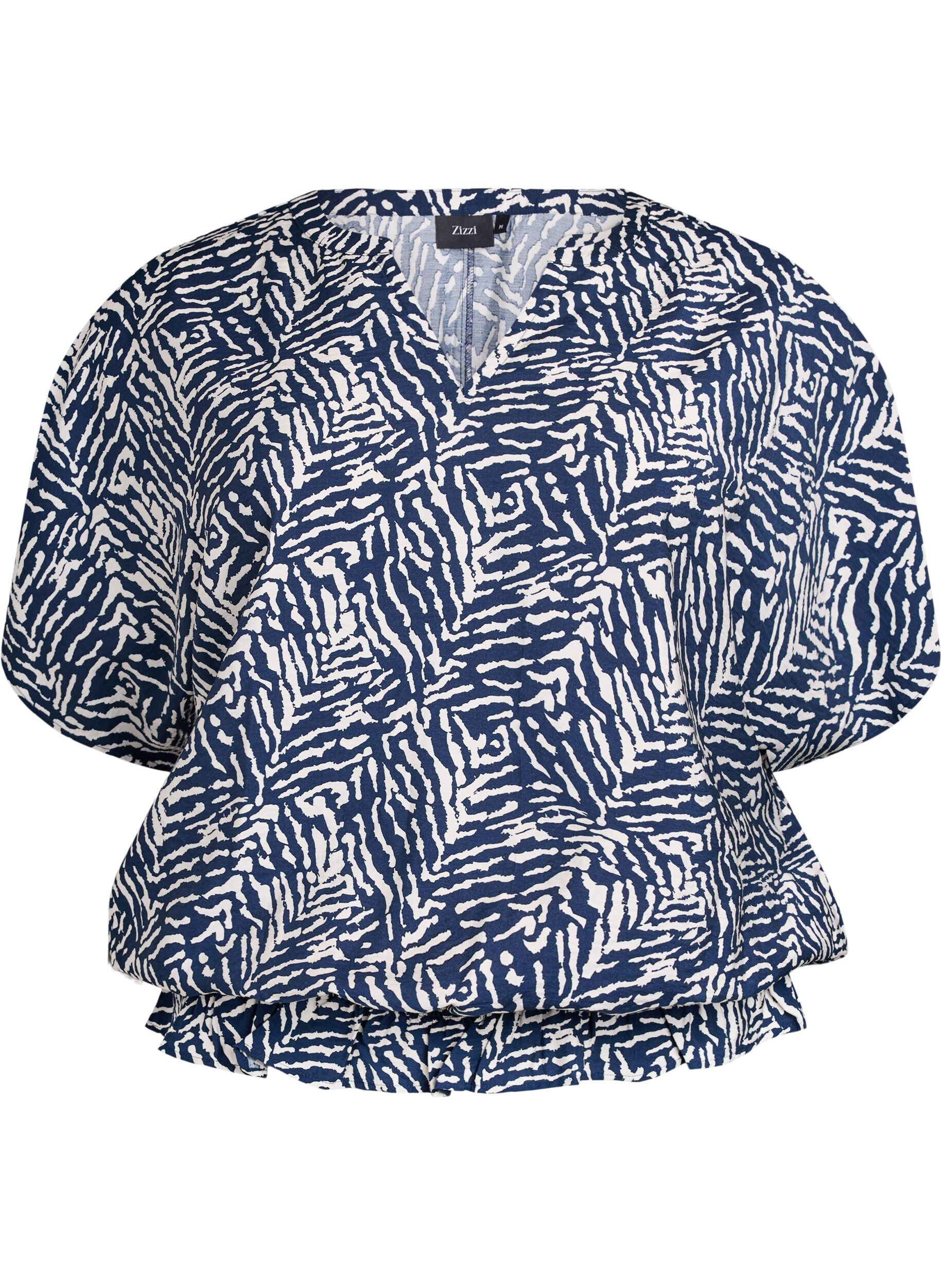 ZizziBlouse met korte mouwen en een rucherand, Blauw, Packshot image number 0