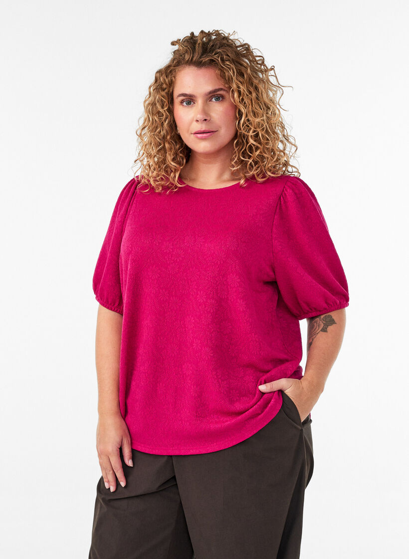 Blouse met textuur en korte mouwen, Roze, Model image number 0
