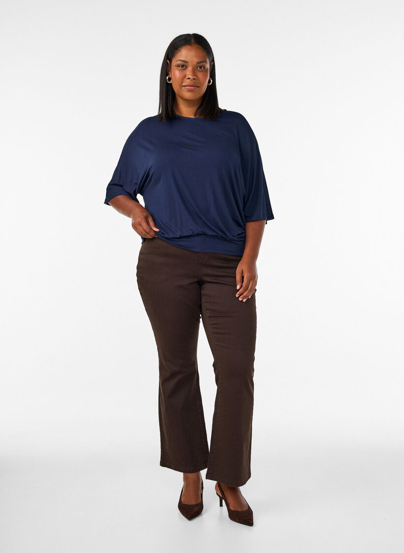 Jersey blouse met halflange ballonmouwen, Blauw, Model image number 1