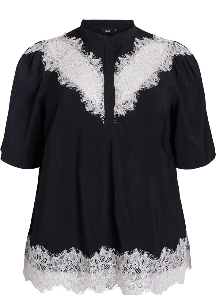 Blouse met korte mouwen en kanten details, Zwart, Packshot image number 0