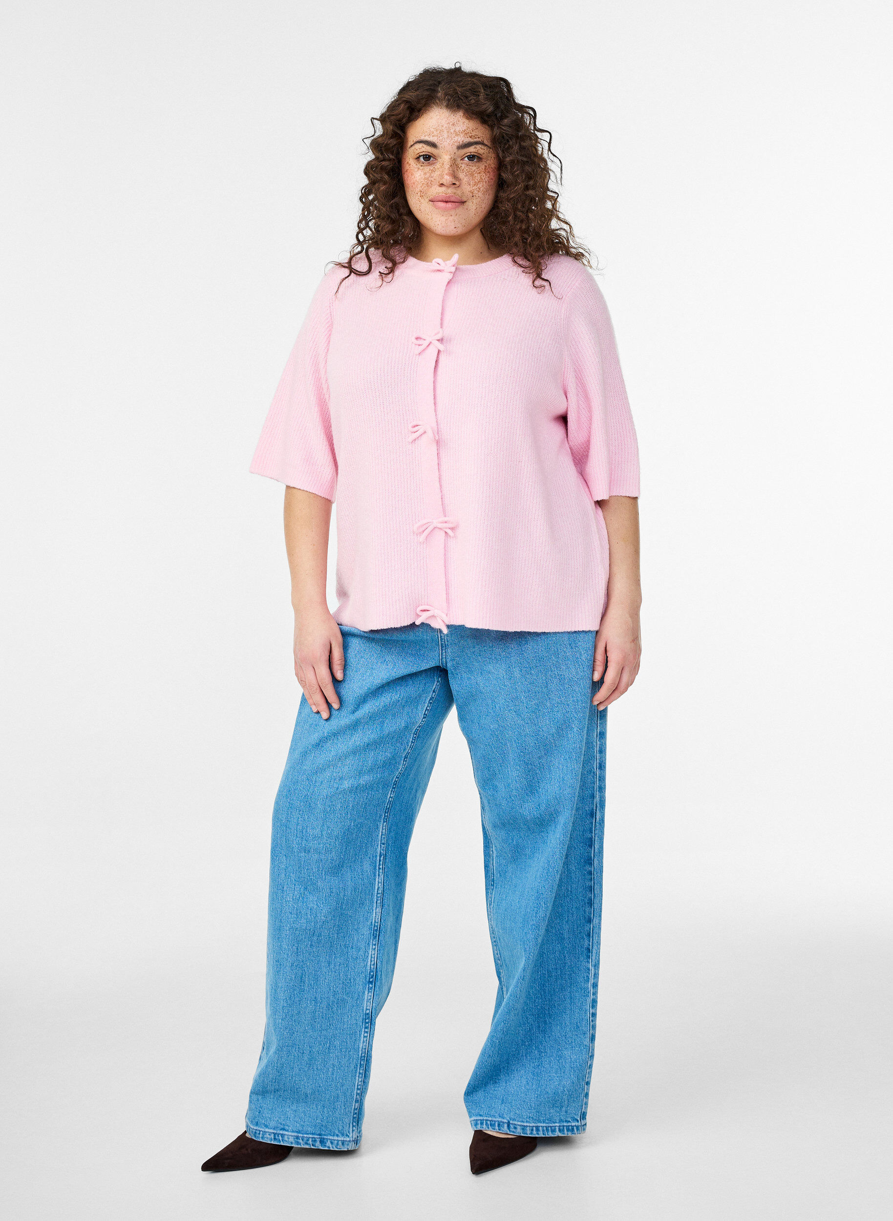 ZizziGebreid vest met korte mouwen en strikjes, Roze, Model image number 1