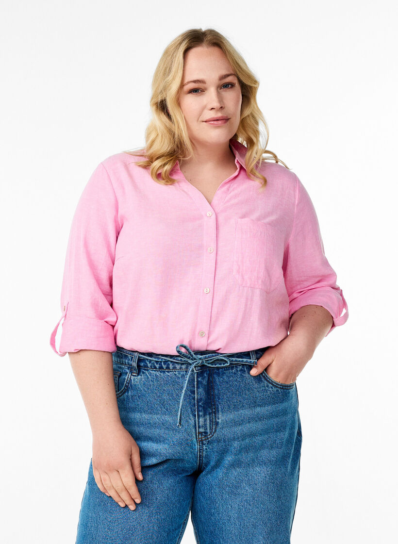 Linnen en viscose shirt met 3/4 mouwen, Roze, Model image number 0