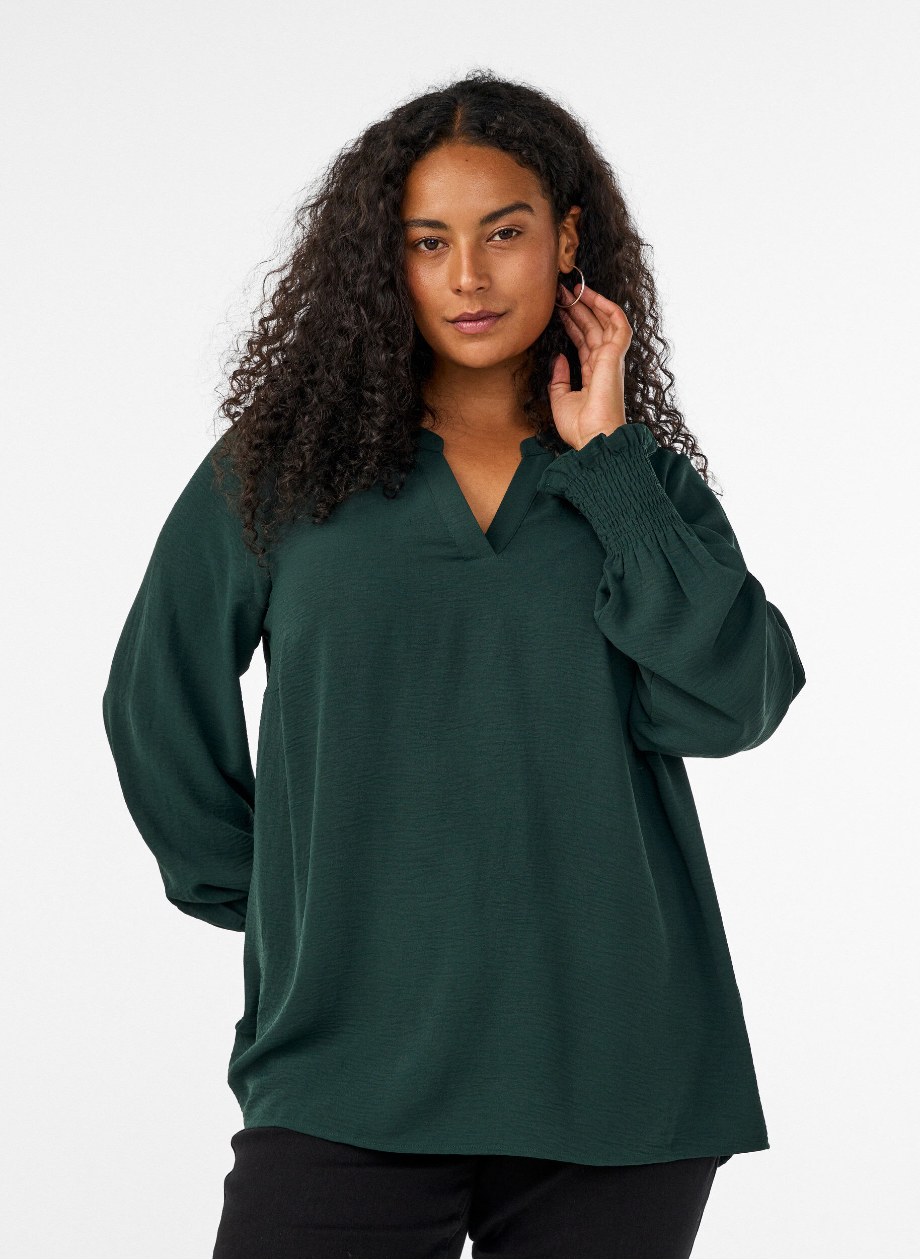 Blouse met smockmanchetten en V-hals, Groen, Model