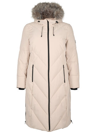ZizziLange winterjas met haaksluitingen en een nep bontkraag, Simply Taupe, Packshot image number 0