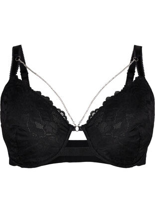 ZizziVolledig dekkende kanten bh met kettingdetail, Black, Packshot image number 0