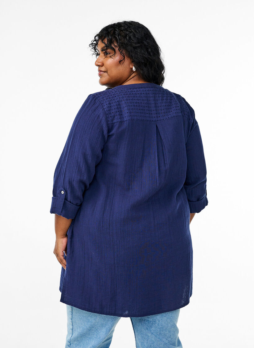 Katoenen mousseline tuniek met broderie anglaise, Blauw, Model image number 2