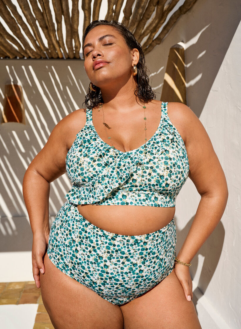 Bloemen bikinitop met ruches, Groen, Image image number 0