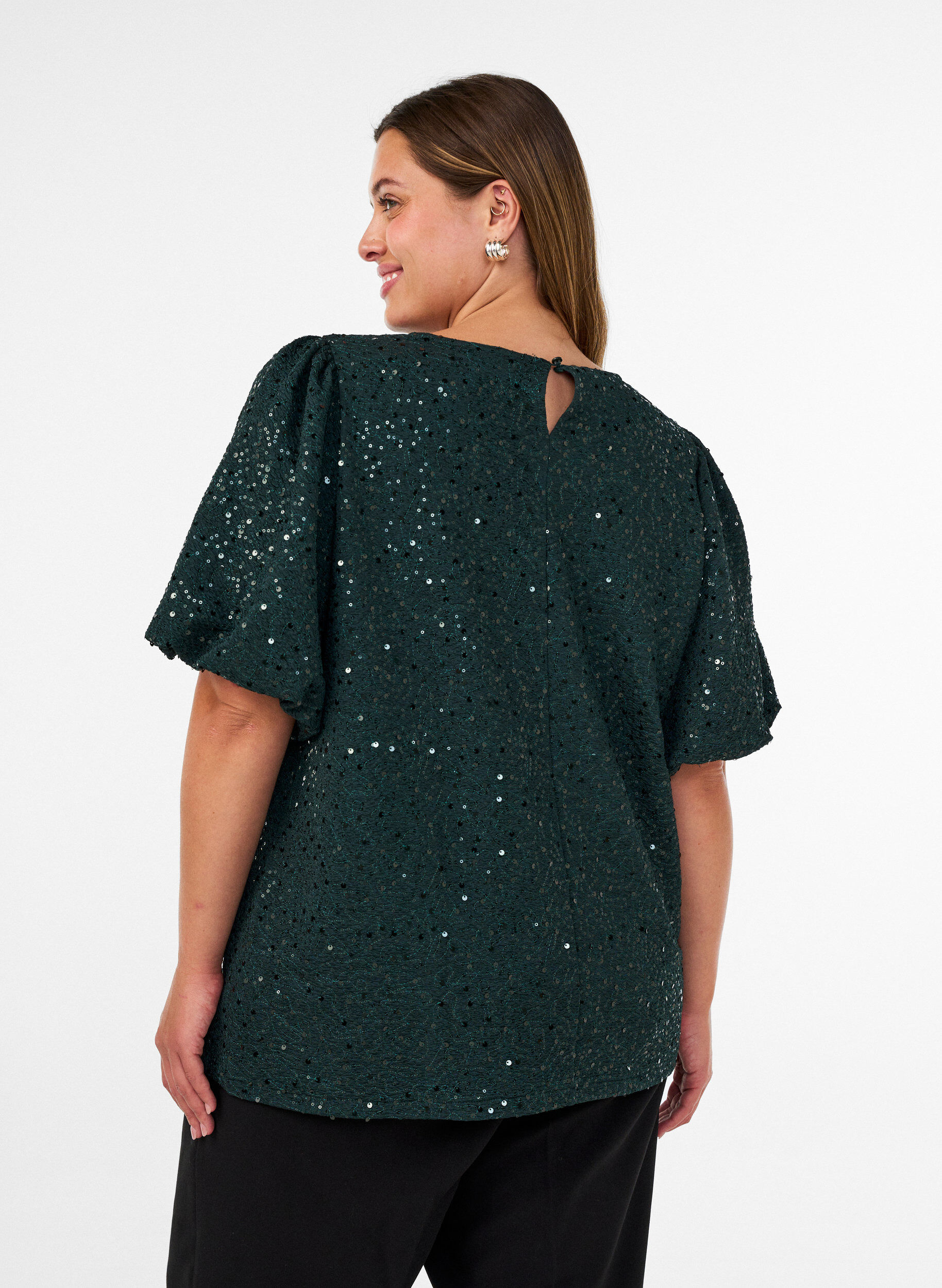 ZizziBlouse met pailletten en ballonmouwen, Groen, Model image number 2
