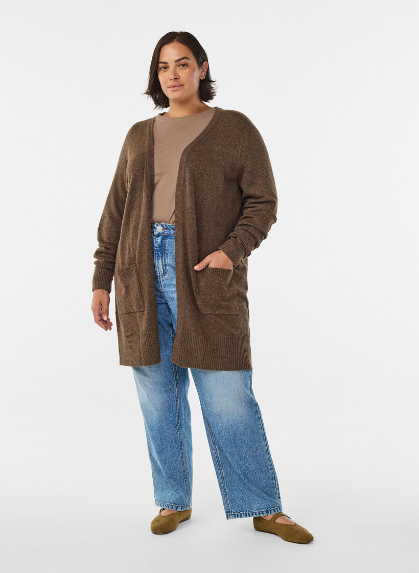 Geribd gebreid vest met zakken, Bruin, Model image number 1