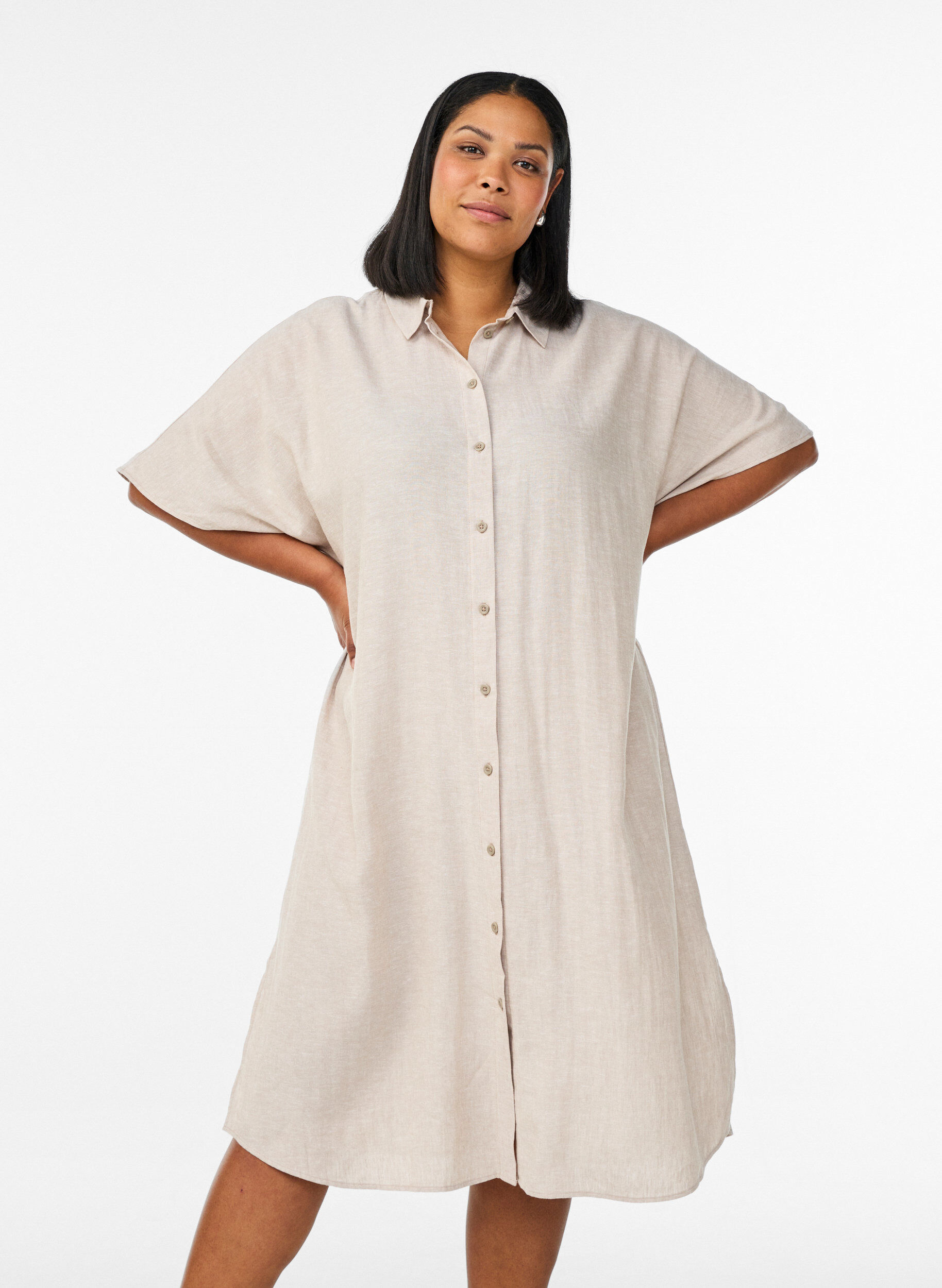 Shirtjurk in linnen en viscose met korte mouwen, Beige, Model
