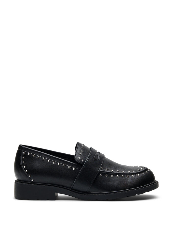 Wide fit - Leren loafers met studs, Black, Packshot