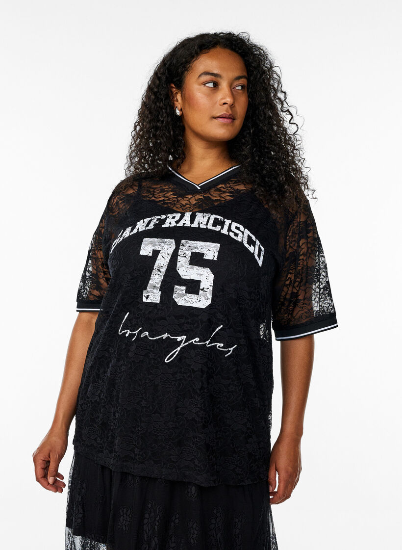 Sportief T-shirt van kant met losse pasvorm, Black Bright White, Model