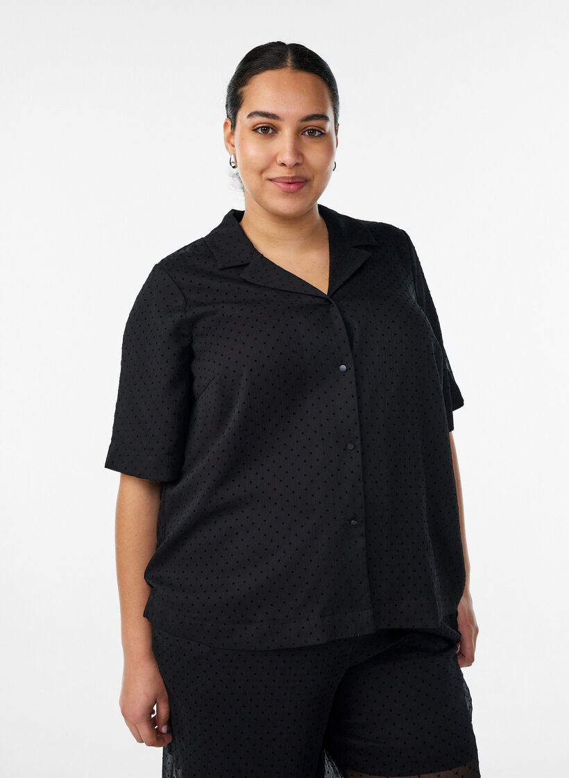 Polkadot blouse met revers, Zwart, Model image number 0