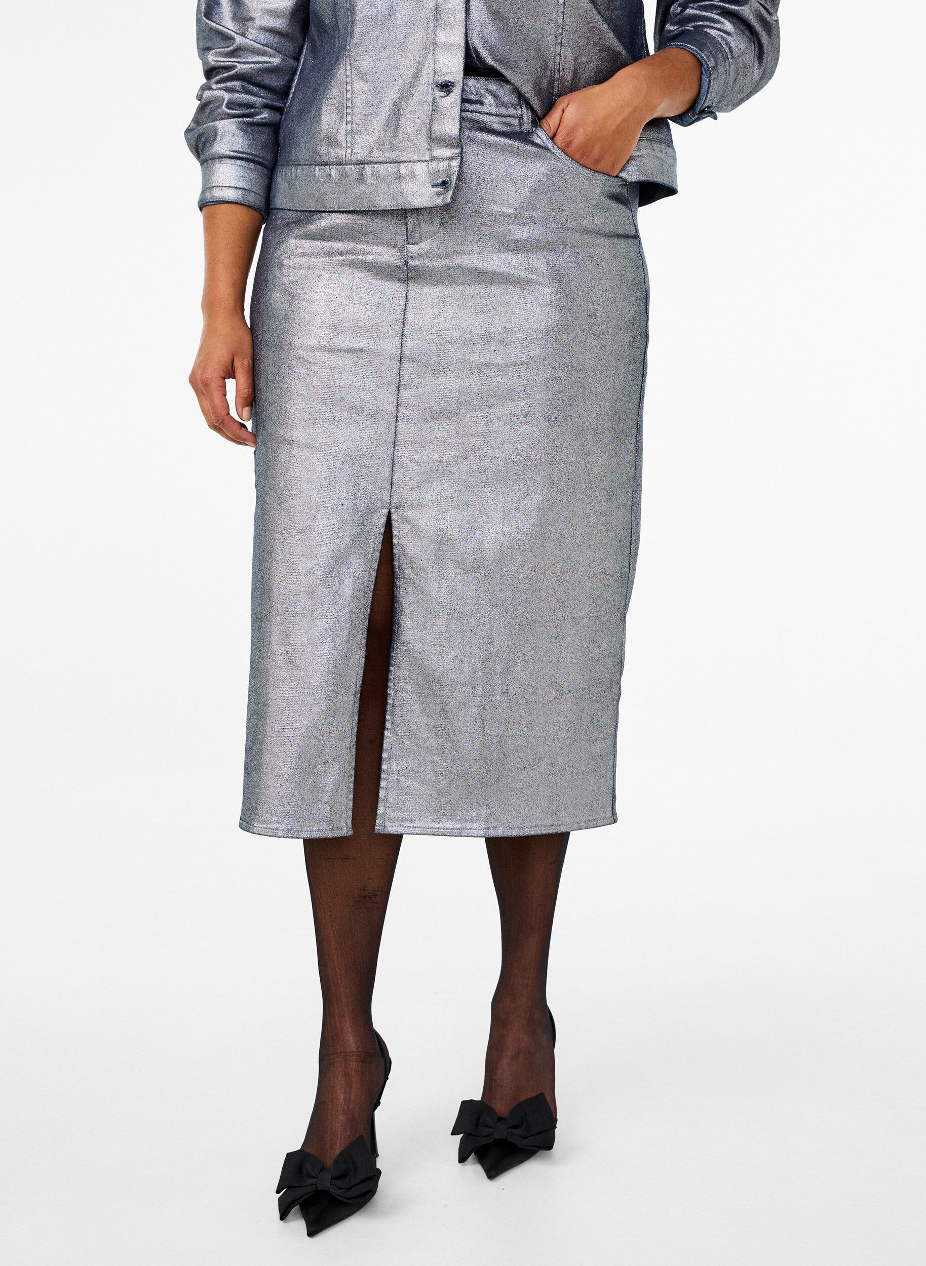 ZizziZilverkleurige midi-rok, Gun Sliver, Model image number 2