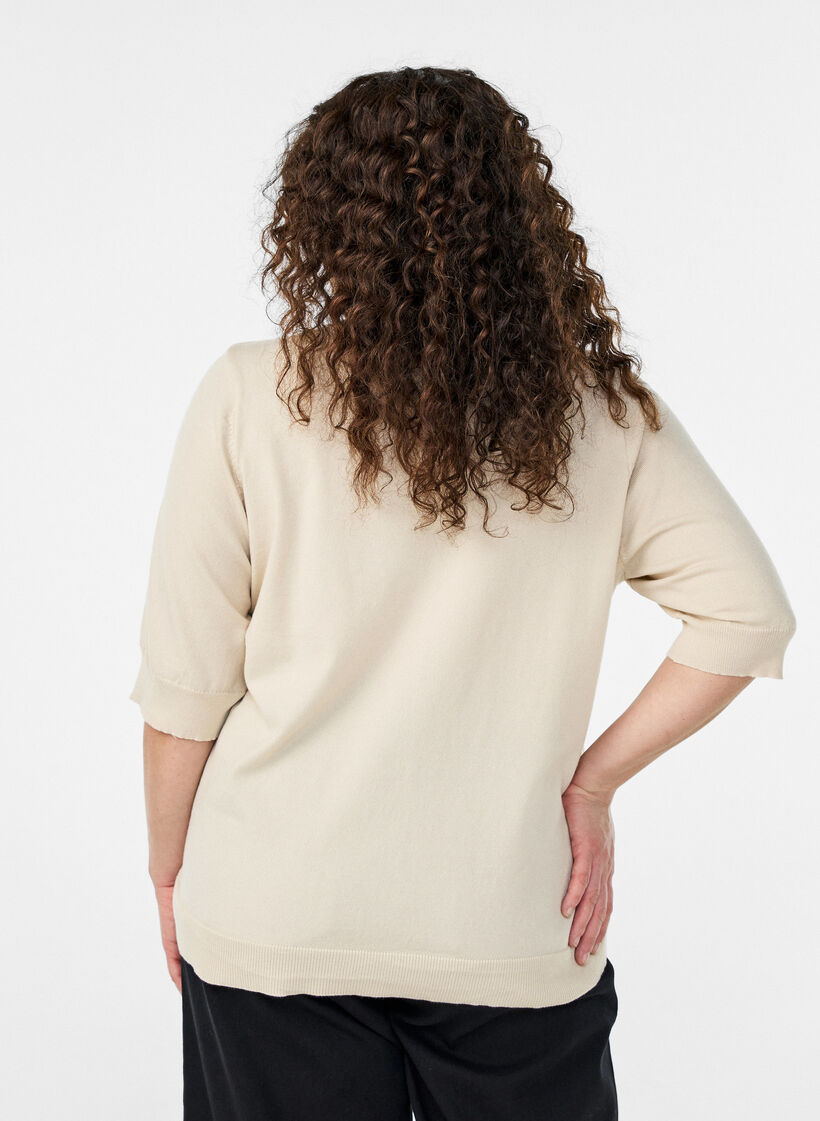 Fijngebreide blouse met korte mouwen, Beige, Model image number 2
