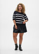 Gestreepte top met korte mouwen in breisel, Zwart, Model image number 1