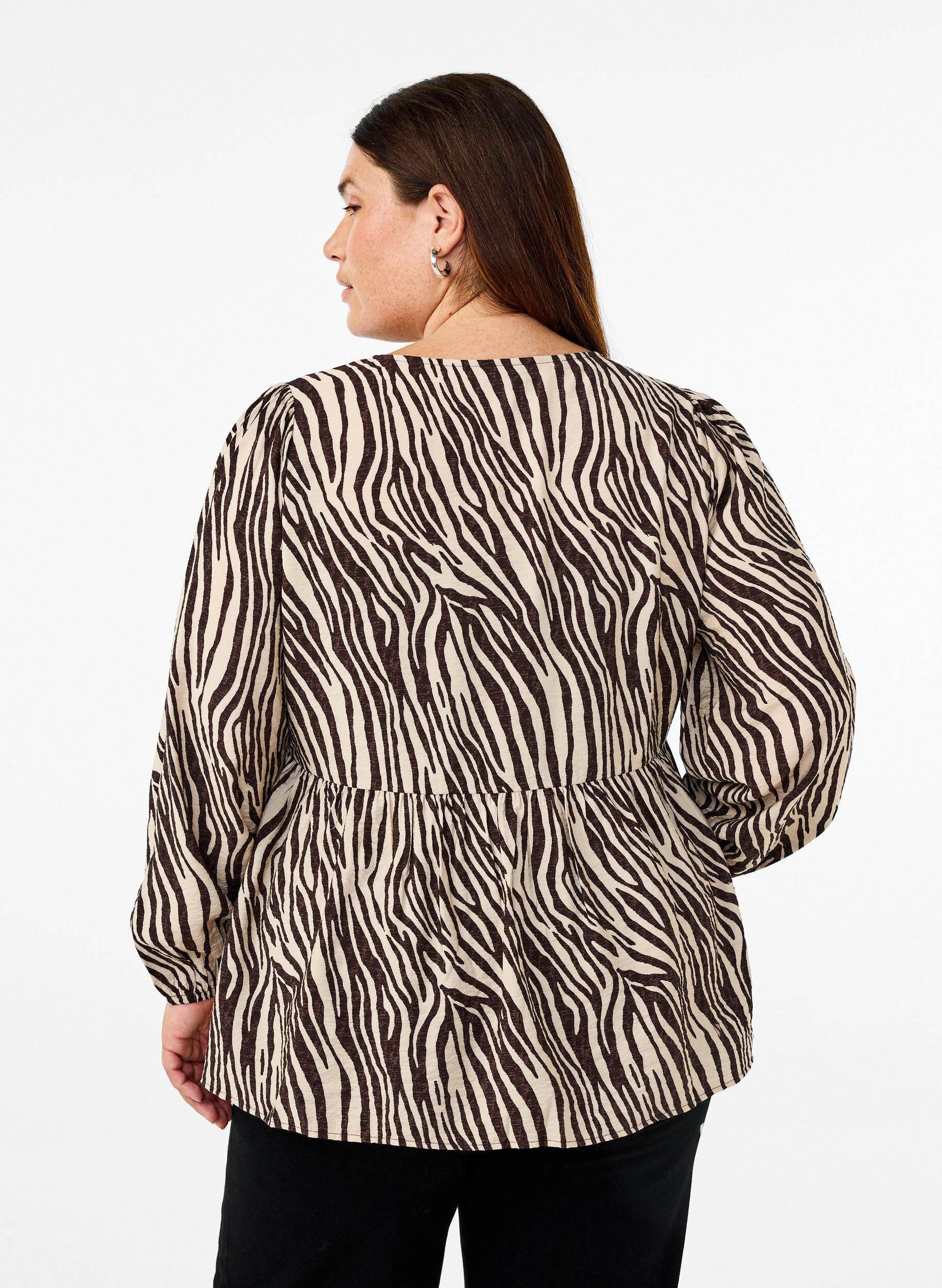 ZizziPeplum blouse met strik en zebraprint, Bruin, Model image number 2