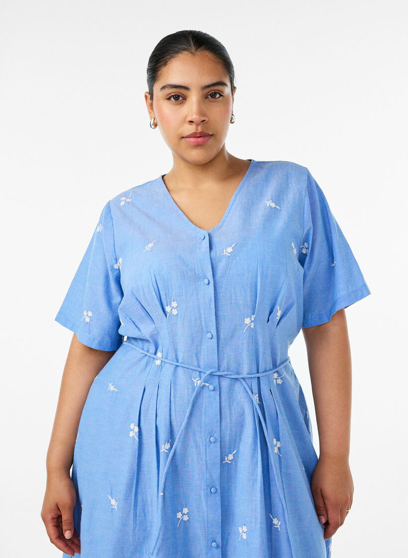 Katoenen overhemdjurk met geborduurde bloemen, Blauw, Model image number 2