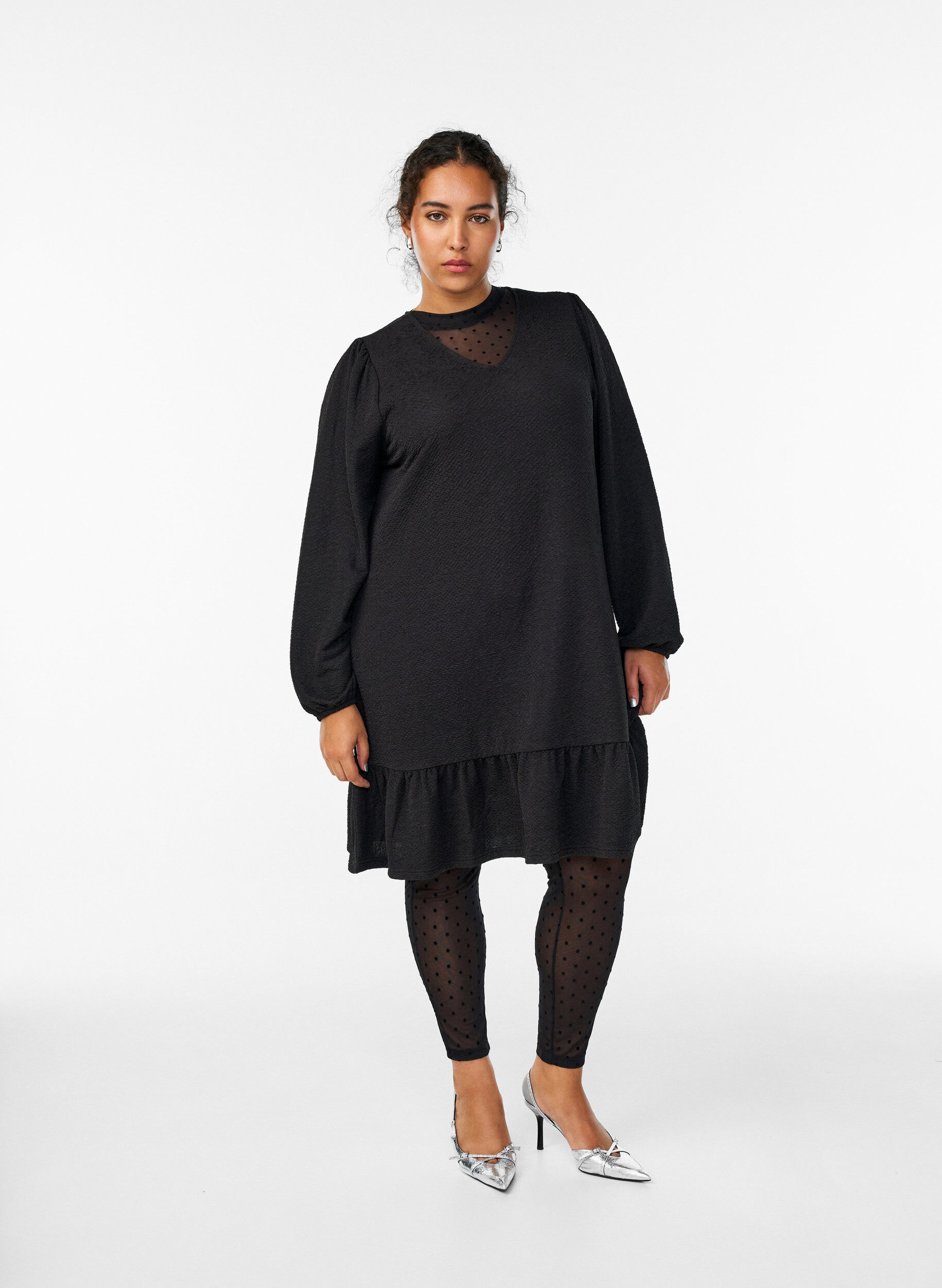 Mesh-leggings met velour stippen, Zwart, Model