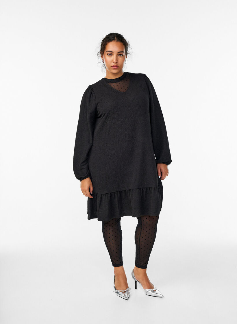 Mesh-leggings met velour stippen, Zwart, Model image number 0