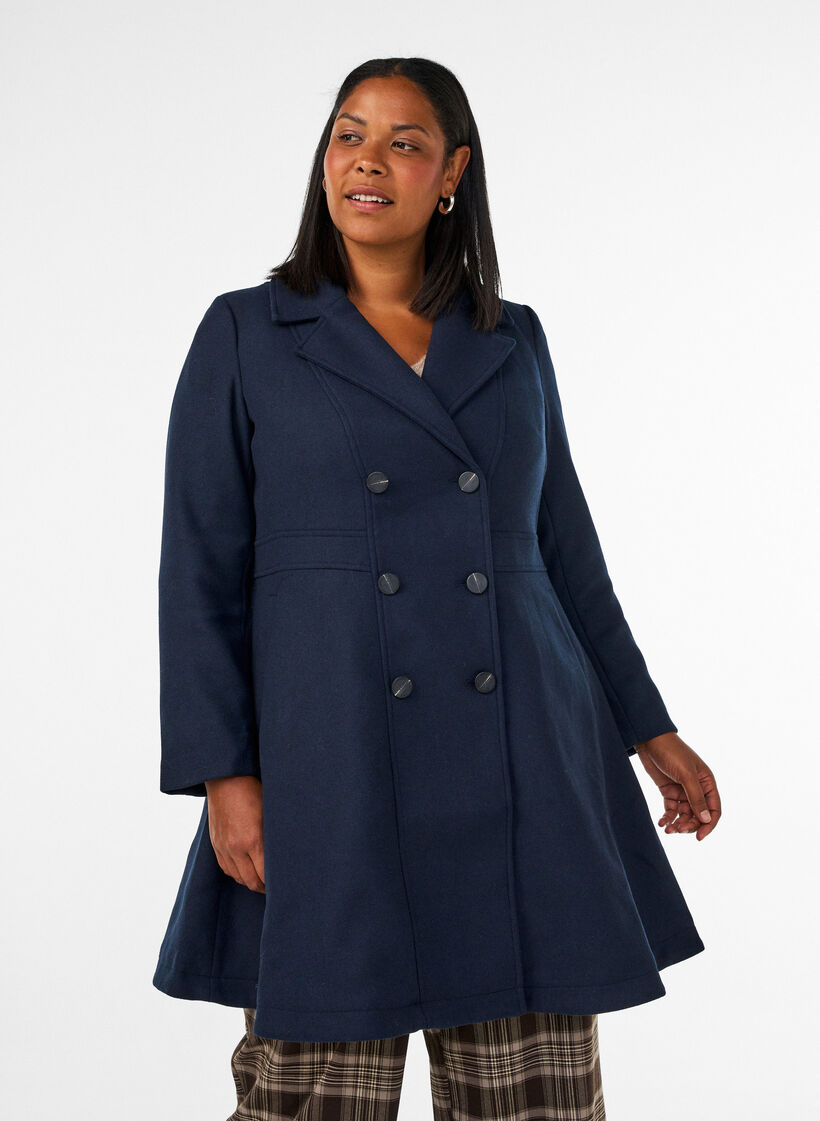 Een wollen jas in A-lijn met zakken, Blauw, Model image number 0