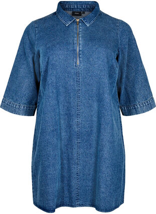 ZizziKorte denimjurk met ritssluiting en 3/4 mouwen, Blue Denim, Packshot image number 0
