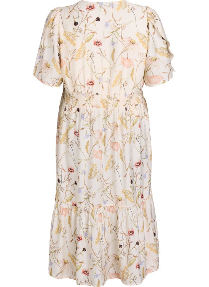 Midi-jurk met bloemen met een A-lijn vorm, Beige, Packshot image number 1
