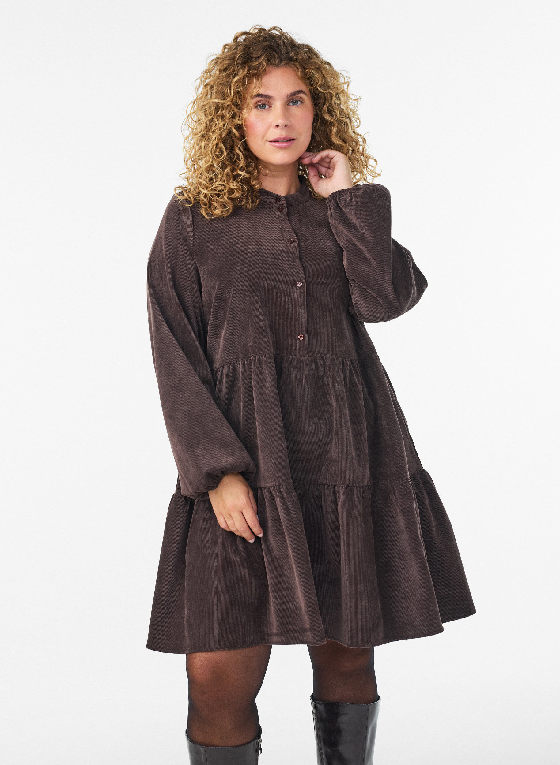 Corduroy jurk met A-lijn en opstaande kraag, Bruin, Model