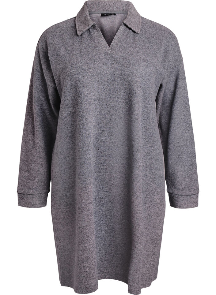 Knie-lange jerseyjurk met een V-hals en kraag, Grijs, Packshot image number 0