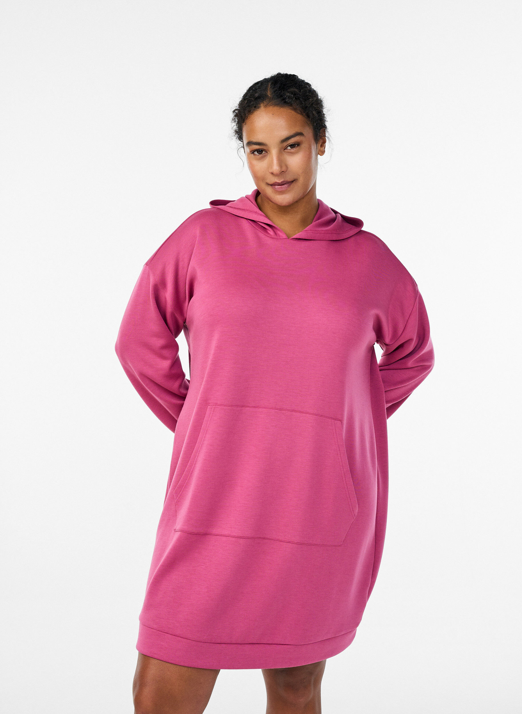 Korte hoodie jurk met een kangoeroezak, Roze, Model